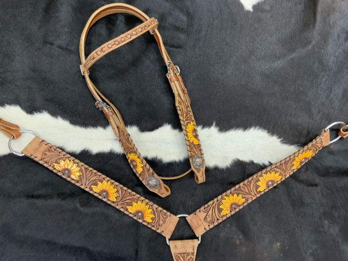 Showman Sunflower Tooled Leather Browband Headstall Set