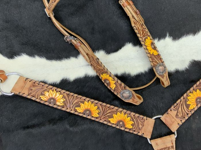 Showman Sunflower Tooled Leather Browband Headstall Set