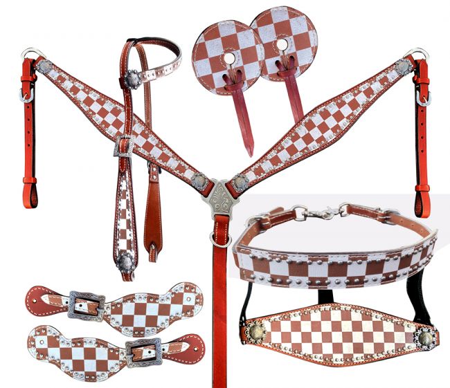 Showman  ® Brown &amp; White Checker Print One Ear Headstall and Breast Collar 7-piece set Default Shiloh   