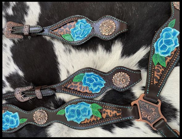 Showman Cheetah Print Headstall, Breast Collar, Reins Set With