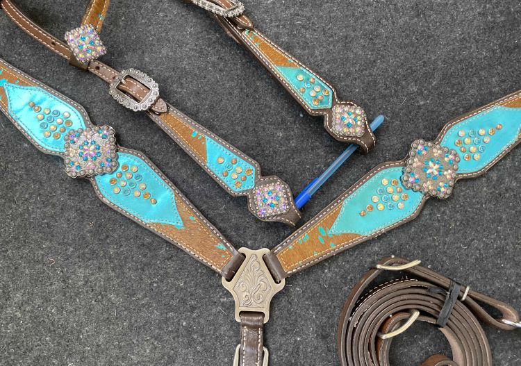 Showman ® Chocolate Leather One Ear Headstall &amp; Breast Collar Set with Brown Hair on Cowhide acid wash and Teal leather accents Default Shiloh   