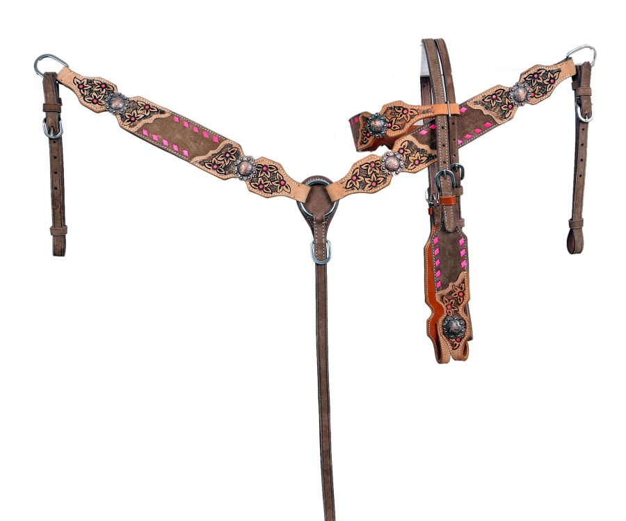 Showman  ® Chocolate Oiled Browband  Headstall and Breast Collar Set with buck stitch &amp; Flower Tooling Default Shiloh   