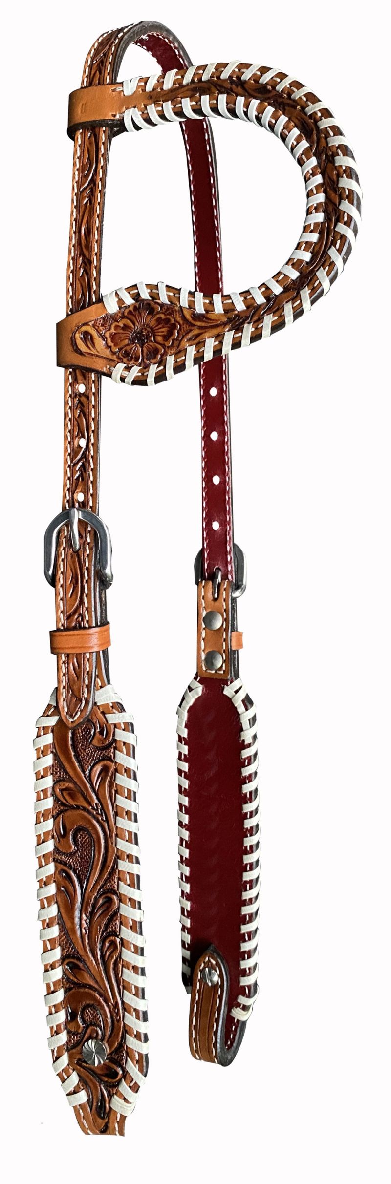 Showman  ® Floral Tooled One Ear Rawhide Laced Leather Headstall Default Shiloh   