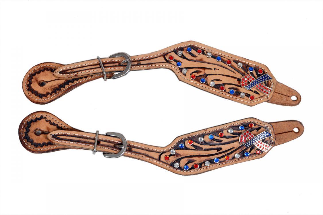 Showman  ® Floral tooled spur straps with red white and blue gems Default Shiloh   