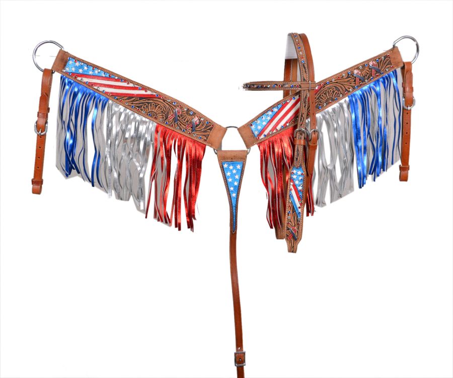 Showman ® H eadstall and breast collar set with red, silver and blue fringe and painted accents Default Shiloh   