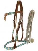 Showman ®  Medium Oil Futurity Knot Bosal Headstall with teal and white rawhide core show bosal with a cotton mecate rein Default Shiloh   