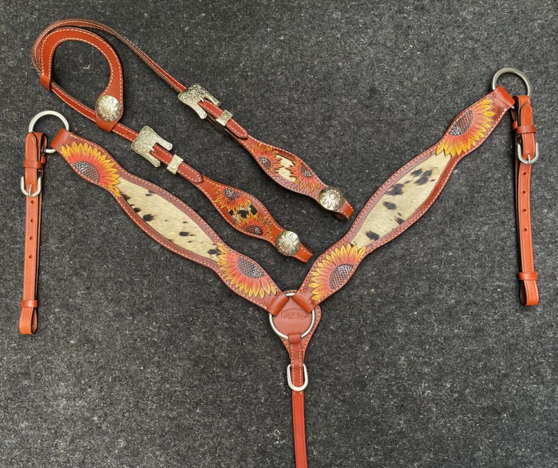 Showman  ® Medium Oil Painted Sunflower Browband Headstall &amp; Breast Collar Set with Hair on Cowhide Default Shiloh   