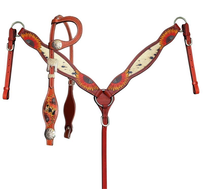 Showman  ® Medium Oil Painted Sunflower Browband Headstall &amp; Breast Collar Set with Hair on Cowhide Default Shiloh   
