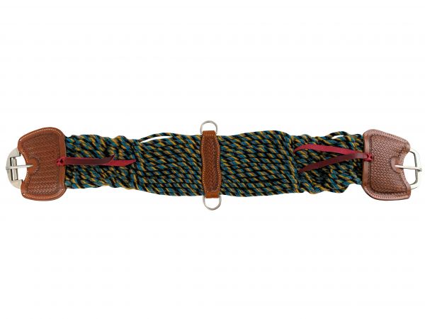 Showman ®   Mohair Multi Color Girth with Flat SS Hardware Roller Buckle, and Argentina Cow Leather Accents  This girth features mohair multi color blend strings with a stamped Argentina leather center featuring SS D rings on each side Default Shiloh   