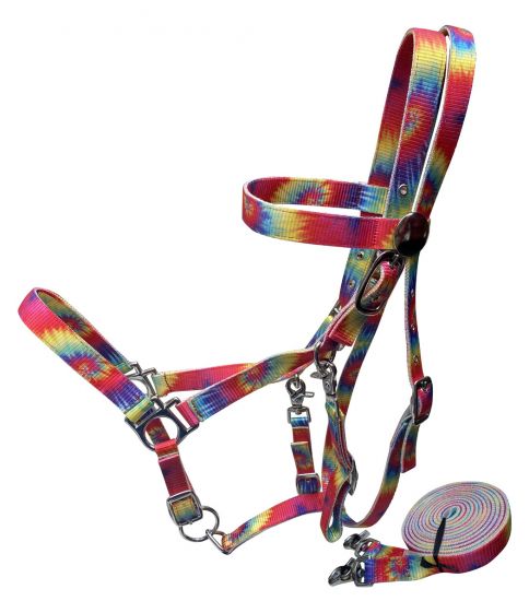 Showman  ® Multi Color Tie Dye Premium Nylon combination halter bridle with reins Default Shiloh   