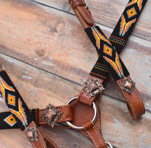 Showman  ® Orange and Yellow Navajo Beaded headstall and breast collar set Default Shiloh   