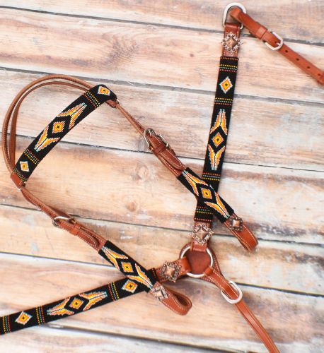 Showman  ® Orange and Yellow Navajo Beaded headstall and breast collar set Default Shiloh   