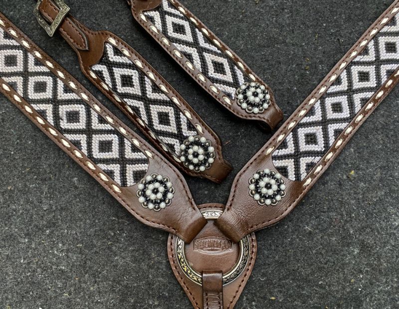 Western Brown Leather Bling Tack Set With Red & Brown Printed Leather  & Conchos