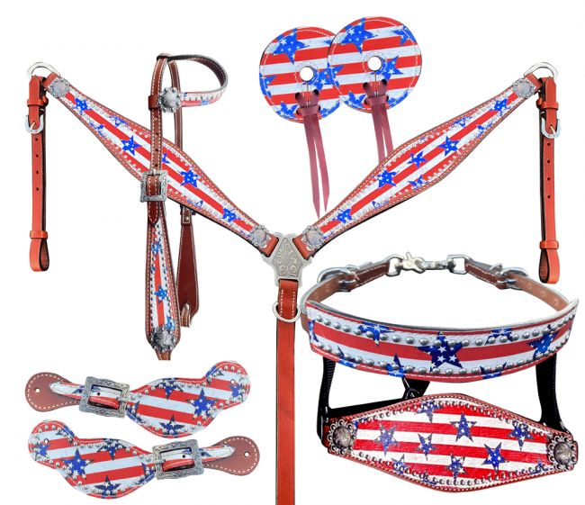 Showman  ® Stars &amp; Stripes Print One Ear Headstall and Breast Collar 7- piece set Default Shiloh   