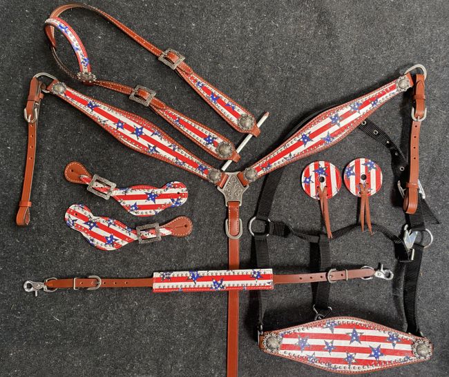 Showman  ® Stars &amp; Stripes Print One Ear Headstall and Breast Collar 7- piece set Default Shiloh   