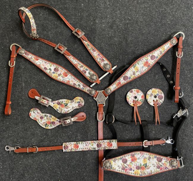 Showman  ® Wildflower Floral Print One Ear Headstall and Breast Collar 7- piece set Default Shiloh   