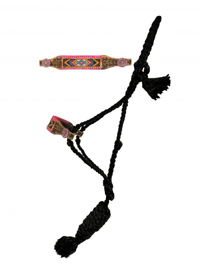 Showman ® Woven black nylon mule tape halter with pink beaded noseband with pink conchos Default Shiloh   