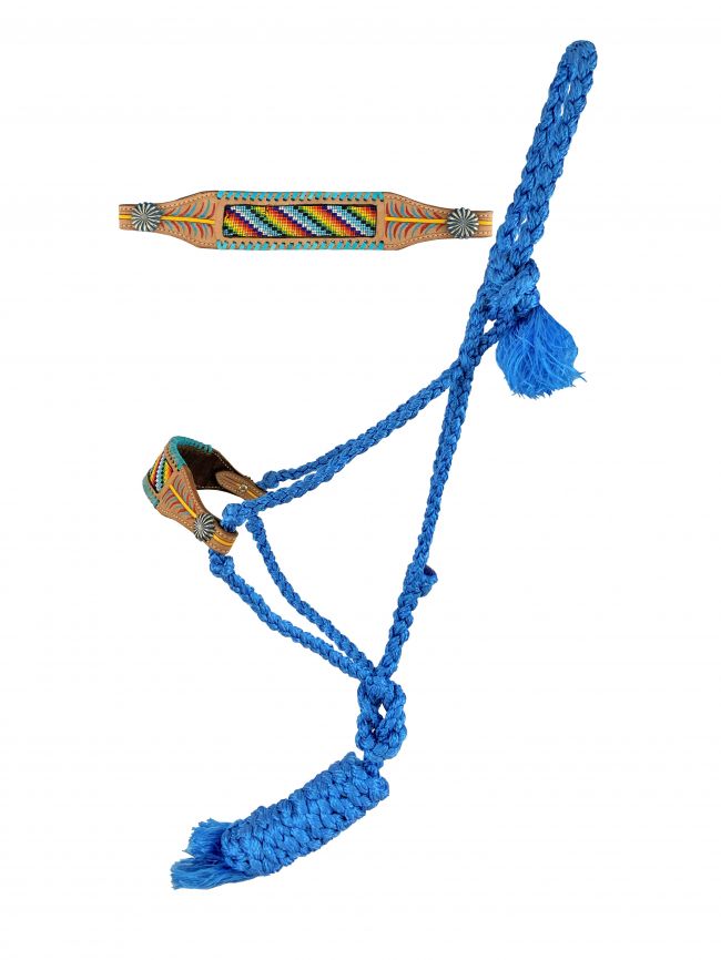 Showman ® Woven blue  nylon mule tape halter with rainbow beaded noseband Default Shiloh   