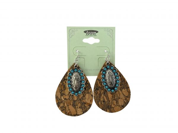 Teardrop cork earrings with hook back and concho accent charm Default Shiloh   