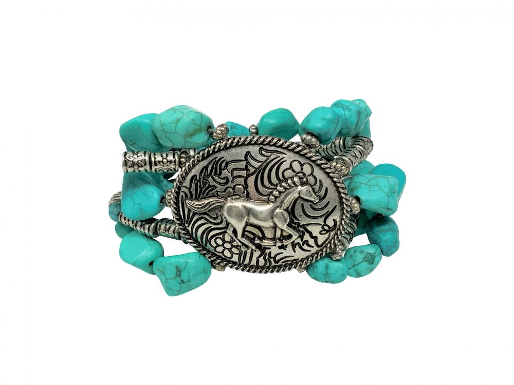 Turquoise Stone bracelet with running horse design concho Default Shiloh   