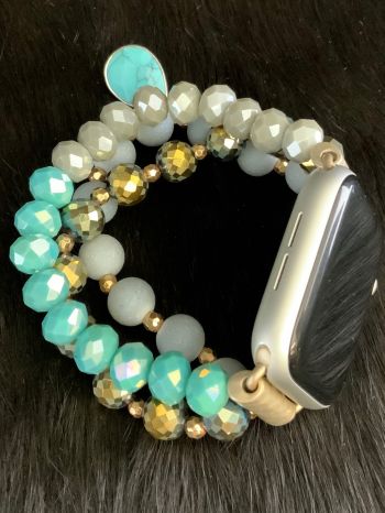 WB1658MGTQS: Beautiful beaded turquoise and cream multi-layered apple watch band Primary Showman Saddles and Tack   