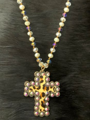 WN0561WGWHT: 30" iridescent beaded necklace with 2-1/2" cheetah cross,  Lobster claw clasp with ad Primary Showman Saddles and Tack   