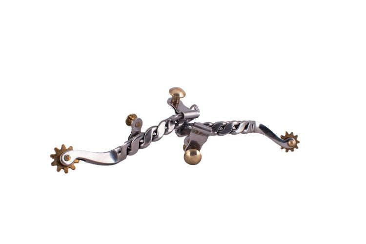 Y2588611: Showman ® YOUTH stainless steel twisted band spurs with brass rowel and buttons Western Spurs Showman   