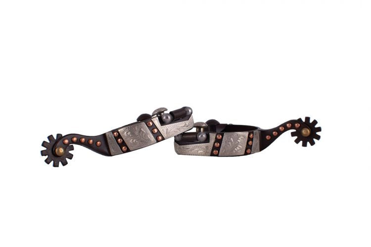 Y25917Q: Showman ® Youth size brown steel spur with copper studs with silver engraved overlay Western Spurs Showman   