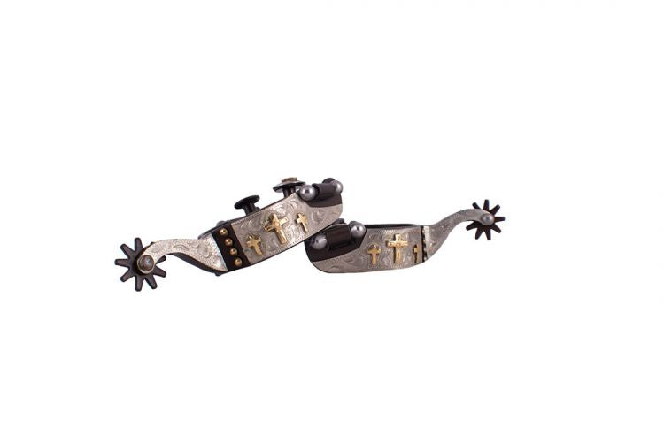 Y259182Q: Showman ® Youth size brown steel spur with brass crosses and brass studs with silver eng Western Spurs Showman   